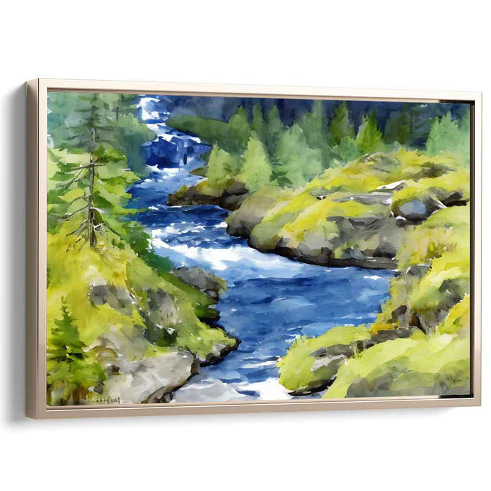 Tranquil Woods Flowing Hue: Serene River and Forest Landscape Canvas Art Print
