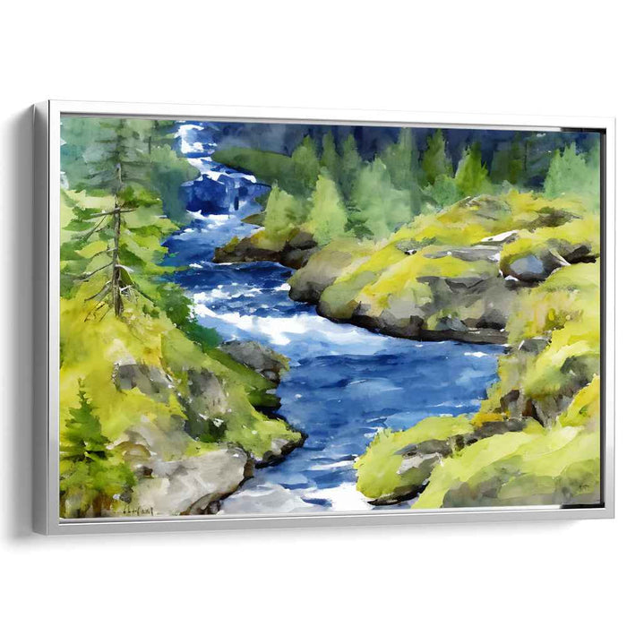 Tranquil Woods Flowing Hue: Serene River and Forest Landscape Canvas Art Print