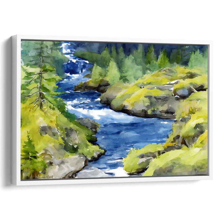 Tranquil Woods Flowing Hue: Serene River and Forest Landscape Canvas Art Print