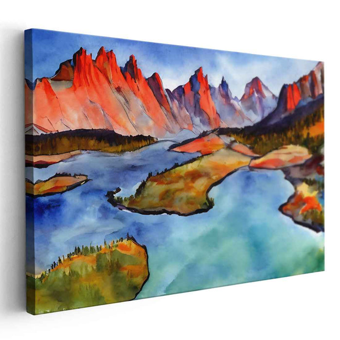 Pastel Peak Escape: Vibrant Watercolor Mountain Landscape Canvas Art Print
