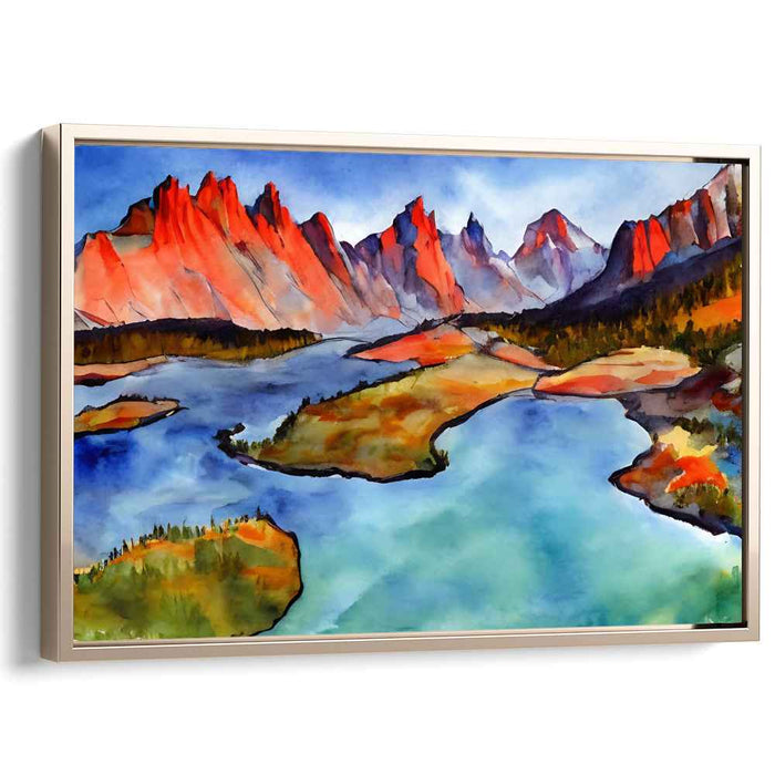 Pastel Peak Escape: Vibrant Watercolor Mountain Landscape Canvas Art Print