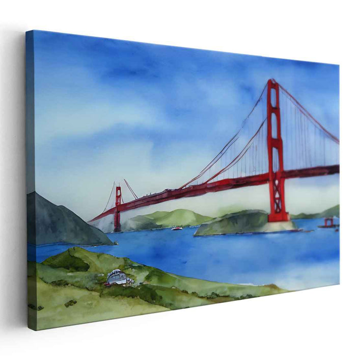 Golden Gate Dreamscape: Watercolor of the Golden Gate Bridge in Lush Setting
