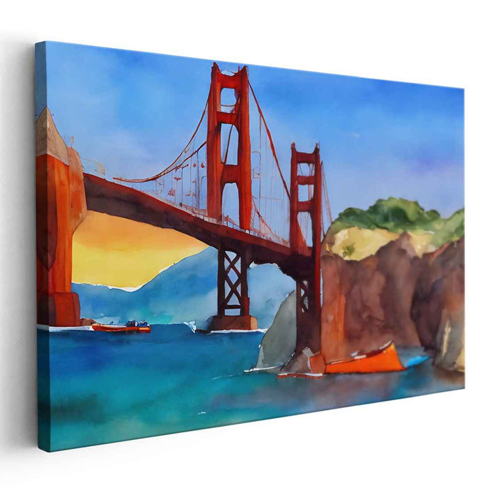 Urban Aquatic Symphony: Golden Gate Bridge Watercolor Landscape Art Print