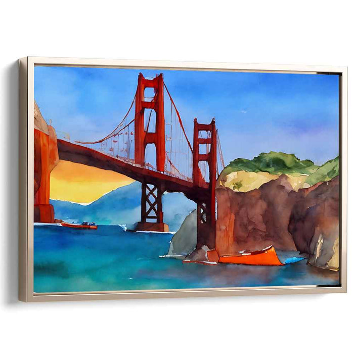Urban Aquatic Symphony: Golden Gate Bridge Watercolor Landscape Art Print