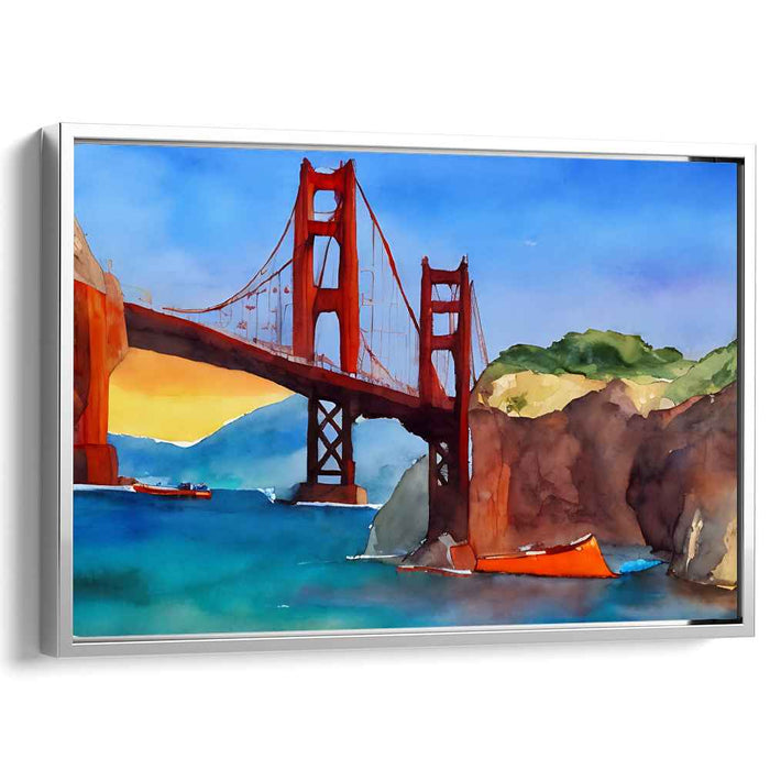 Urban Aquatic Symphony: Golden Gate Bridge Watercolor Landscape Art Print