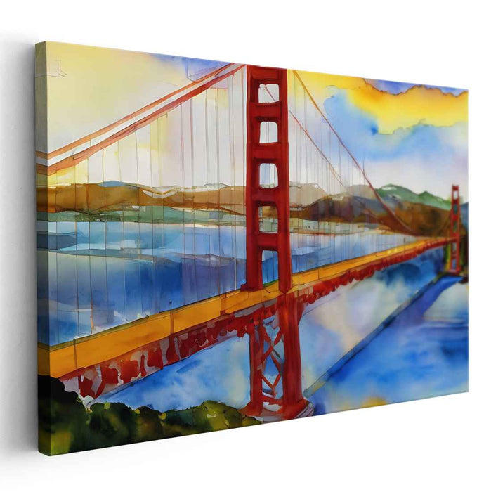 Misty Bay Bridge Glow: Watercolor Impression of San Francisco's Iconic Bridge
