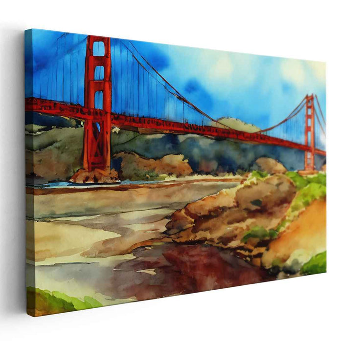 Sunset Symphony in Suspension: Watercolor View of the Golden Gate Bridge Canvas Art