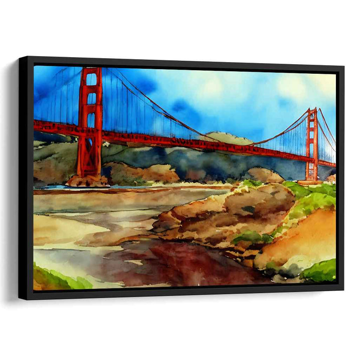 Sunset Symphony in Suspension: Watercolor View of the Golden Gate Bridge Canvas Art