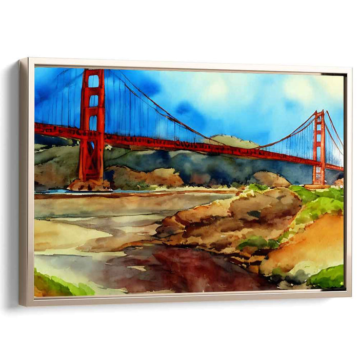 Sunset Symphony in Suspension: Watercolor View of the Golden Gate Bridge Canvas Art