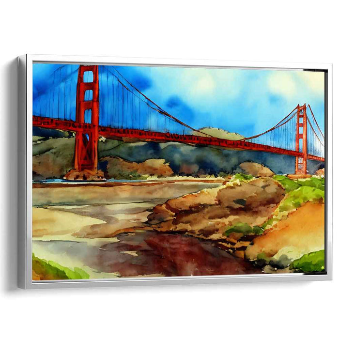 Sunset Symphony in Suspension: Watercolor View of the Golden Gate Bridge Canvas Art