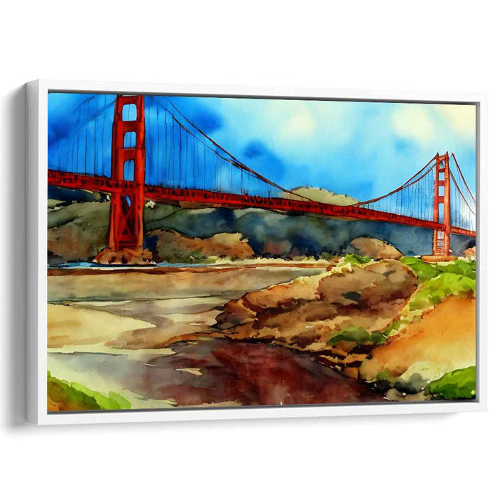 Sunset Symphony in Suspension: Watercolor View of the Golden Gate Bridge Canvas Art