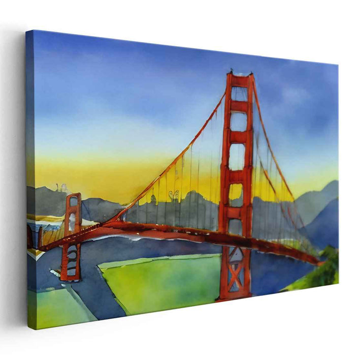 Twilight's Brushstrokes: Watercolor Twilight Bridge Canvas Art Print