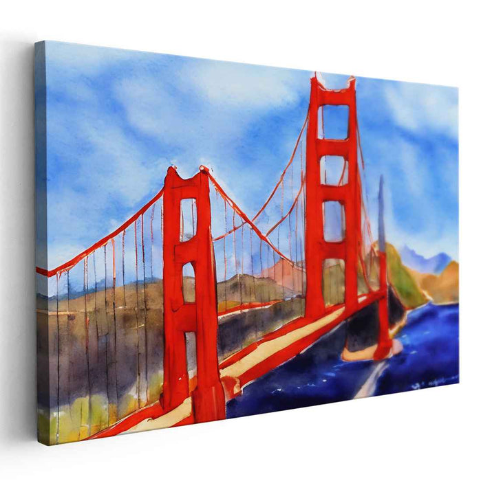 Luminous Bay Reflections: Vibrant Watercolor San Francisco Bridge Art Print
