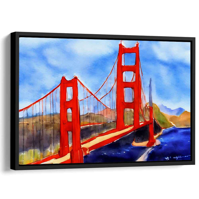 Luminous Bay Reflections: Vibrant Watercolor San Francisco Bridge Art Print