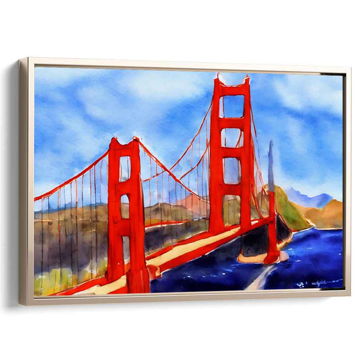 Luminous Bay Reflections: Vibrant Watercolor San Francisco Bridge Art Print