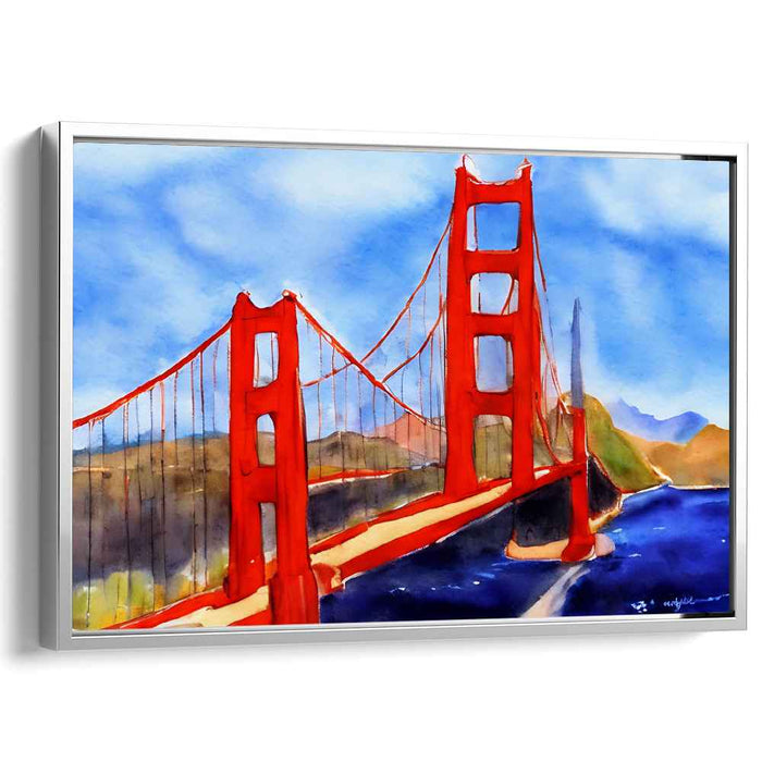 Luminous Bay Reflections: Vibrant Watercolor San Francisco Bridge Art Print
