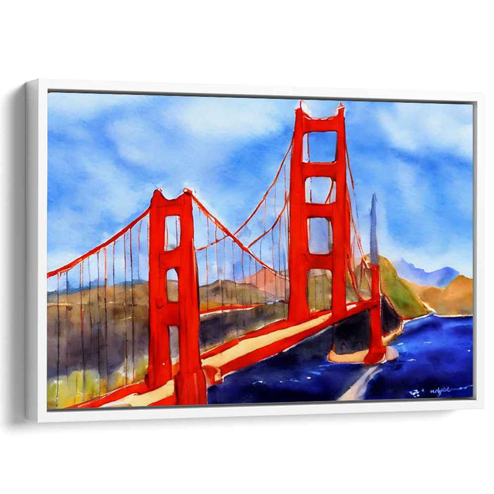 Luminous Bay Reflections: Vibrant Watercolor San Francisco Bridge Art Print