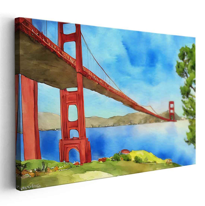 Fleeting Rays Over Rust: Watercolor Panorama of the Golden Gate Bridge