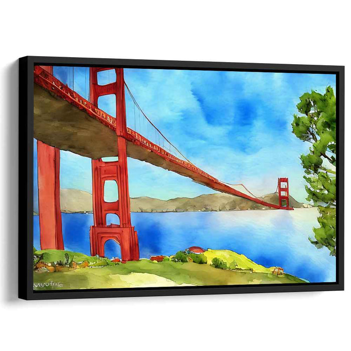 Fleeting Rays Over Rust: Watercolor Panorama of the Golden Gate Bridge