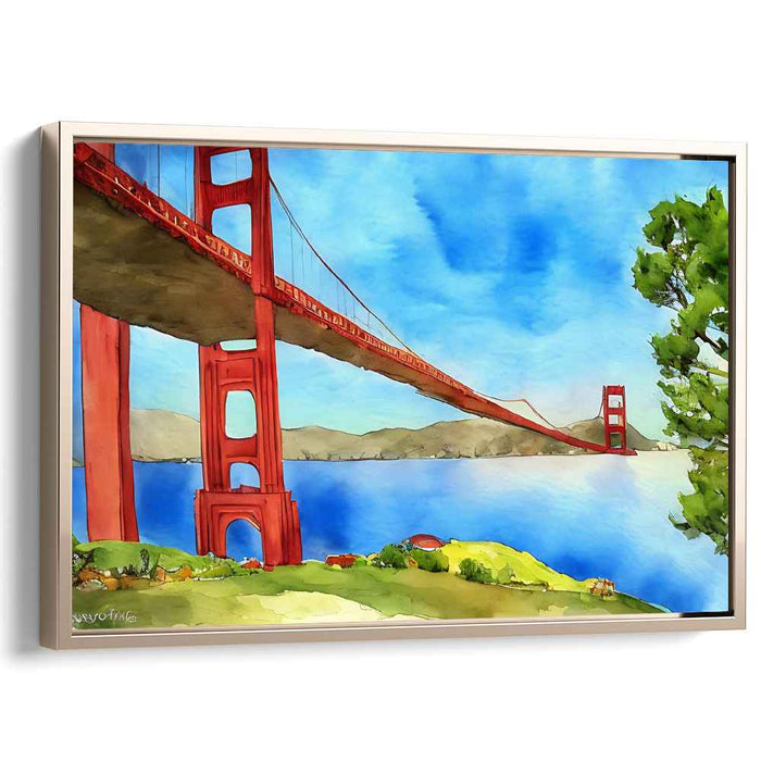 Fleeting Rays Over Rust: Watercolor Panorama of the Golden Gate Bridge