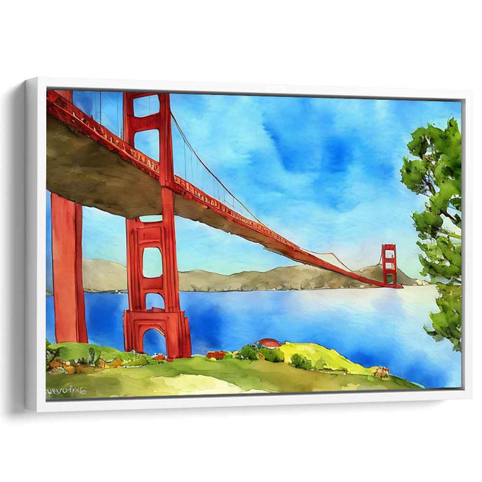 Fleeting Rays Over Rust: Watercolor Panorama of the Golden Gate Bridge
