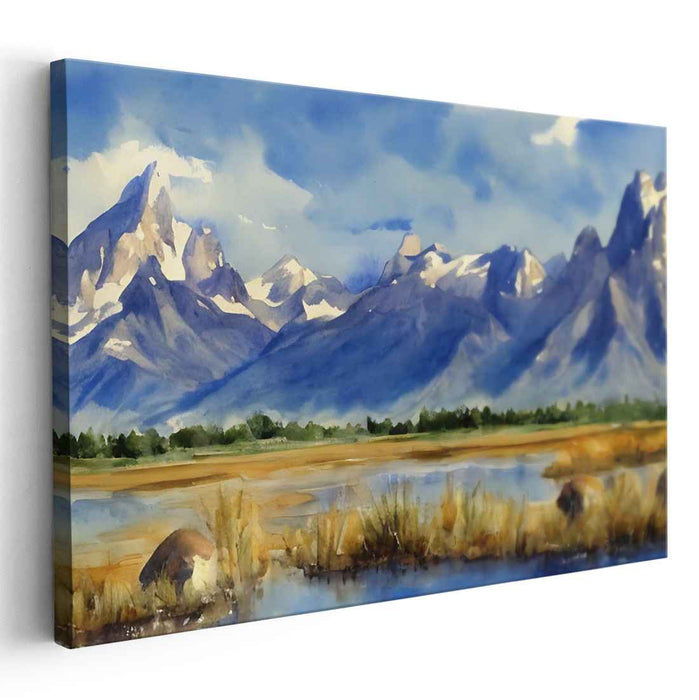 Tranquil Peakscape Vision: Serene Mountain Landscape Watercolor Art Print