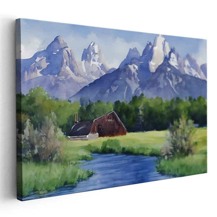 Serenity in the Shadow of Peaks: Watercolor Landscape Canvas Art Print