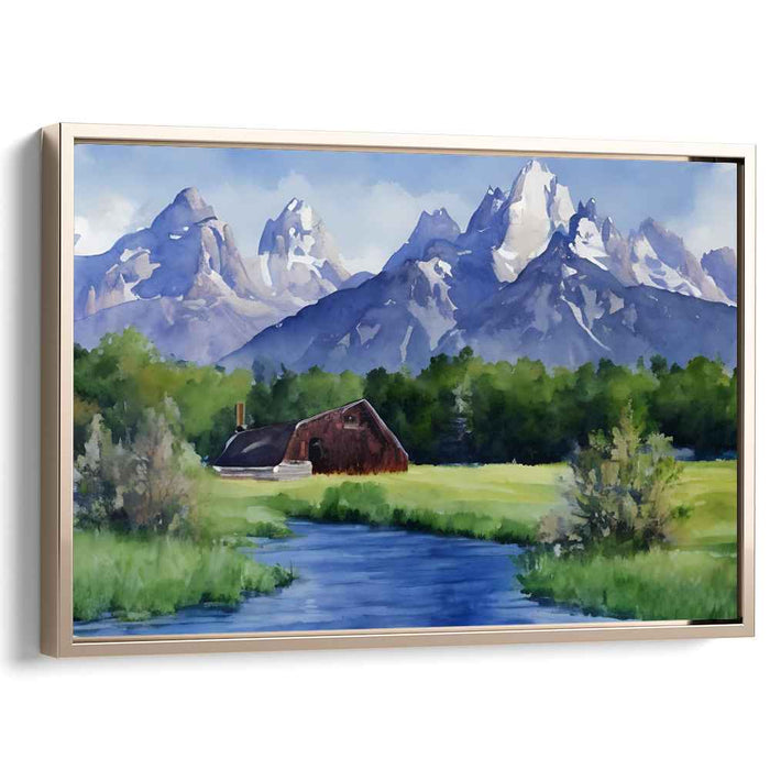 Serenity in the Shadow of Peaks: Watercolor Landscape Canvas Art Print