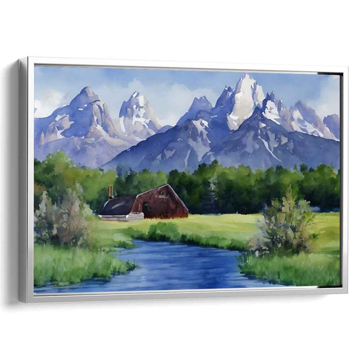 Serenity in the Shadow of Peaks: Watercolor Landscape Canvas Art Print