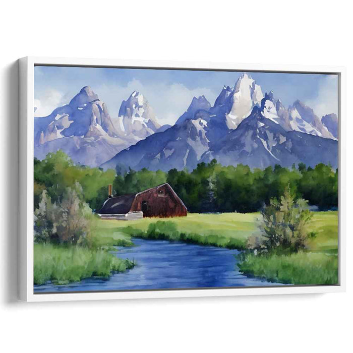 Serenity in the Shadow of Peaks: Watercolor Landscape Canvas Art Print