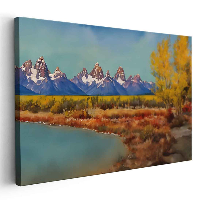 Whispering Peaks Serenity: Serene Lake and Snow-Capped Mountains Landscape Canvas Art