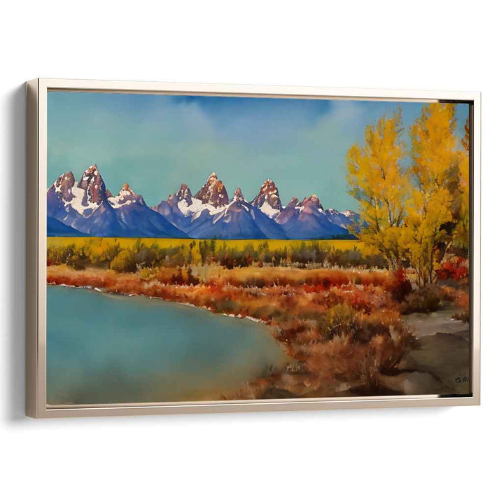 Whispering Peaks Serenity: Serene Lake and Snow-Capped Mountains Landscape Canvas Art