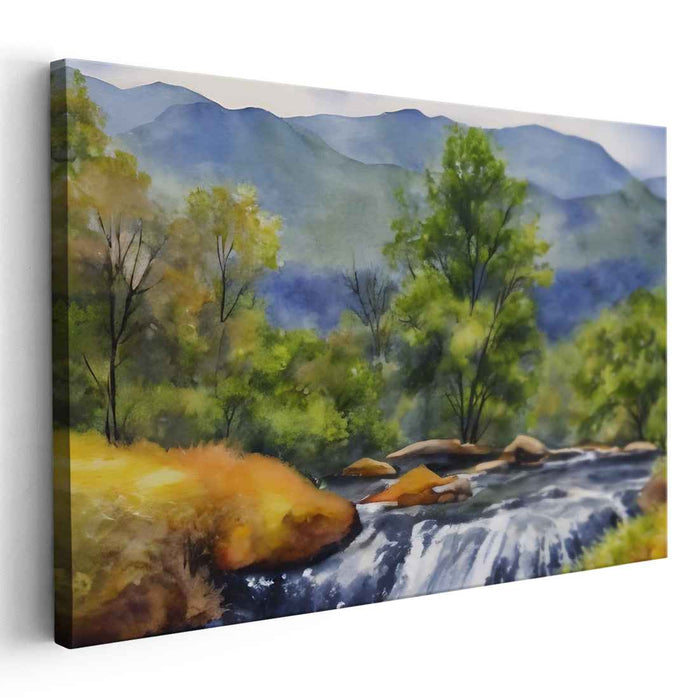 Cascading Peaks Horizon: Serene Mountain River Landscape Canvas Art Print