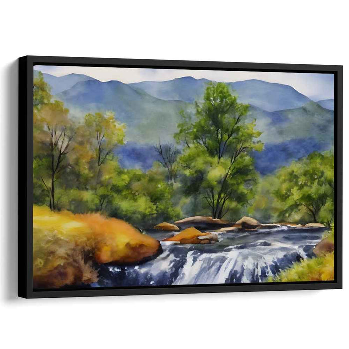 Cascading Peaks Horizon: Serene Mountain River Landscape Canvas Art Print