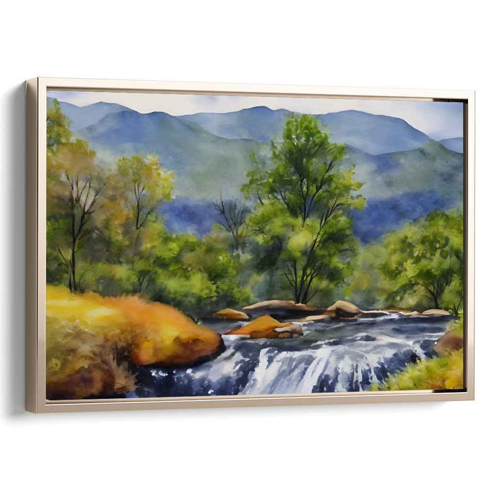 Cascading Peaks Horizon: Serene Mountain River Landscape Canvas Art Print