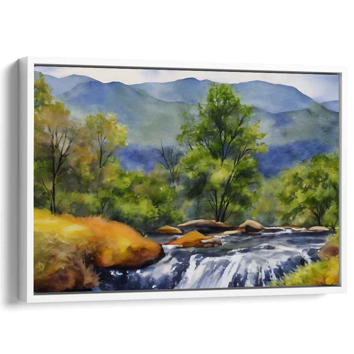 Cascading Peaks Horizon: Serene Mountain River Landscape Canvas Art Print