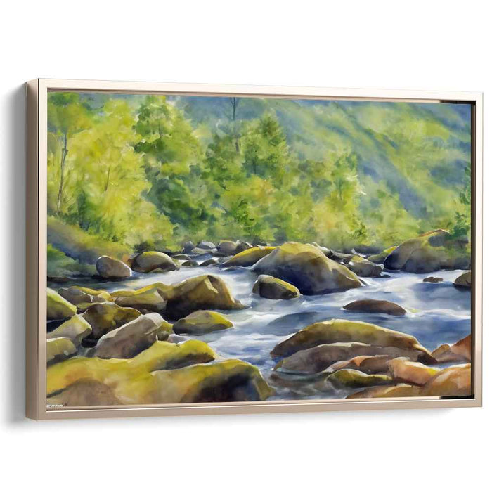 Aqueous Reflections: Luminous River Landscape Watercolor Canvas Art