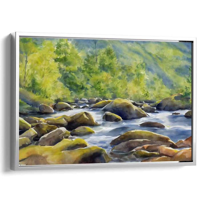 Aqueous Reflections: Luminous River Landscape Watercolor Canvas Art