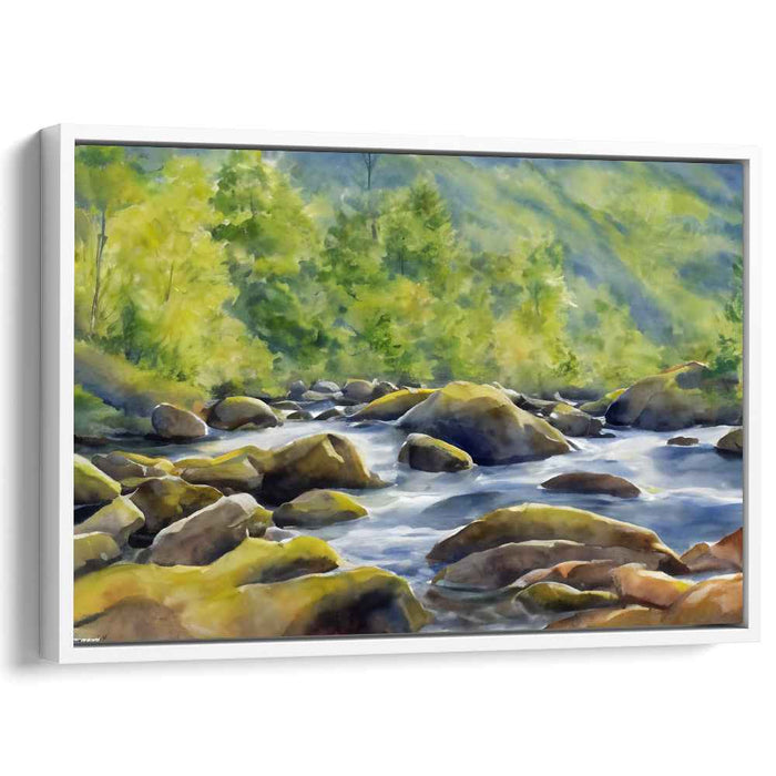 Aqueous Reflections: Luminous River Landscape Watercolor Canvas Art