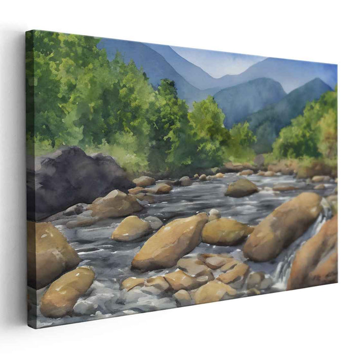 Tranquil Summit Watercolor: Serene Mountain Landscape Watercolor Painting