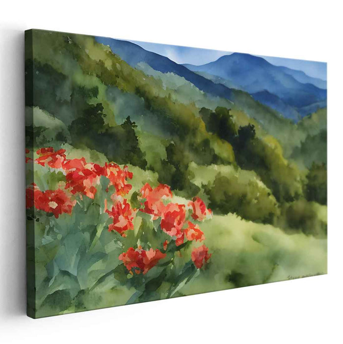 Enveloped in Scarlet Petals: Lush Landscape with Crimson Blossoms Watercolor Canvas Art