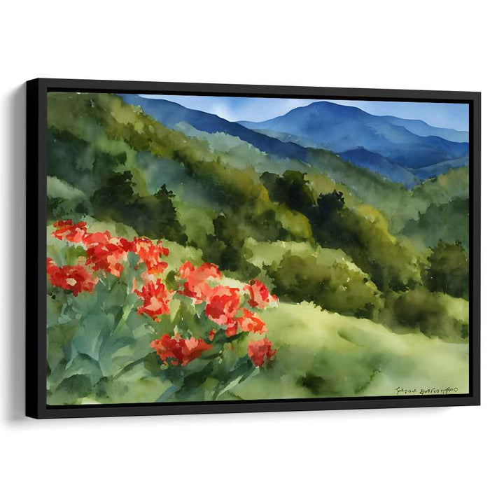 Enveloped in Scarlet Petals: Lush Landscape with Crimson Blossoms Watercolor Canvas Art