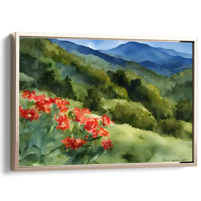 Enveloped in Scarlet Petals: Lush Landscape with Crimson Blossoms Watercolor Canvas Art