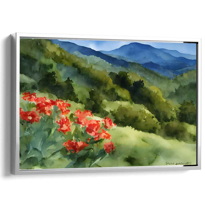 Enveloped in Scarlet Petals: Lush Landscape with Crimson Blossoms Watercolor Canvas Art
