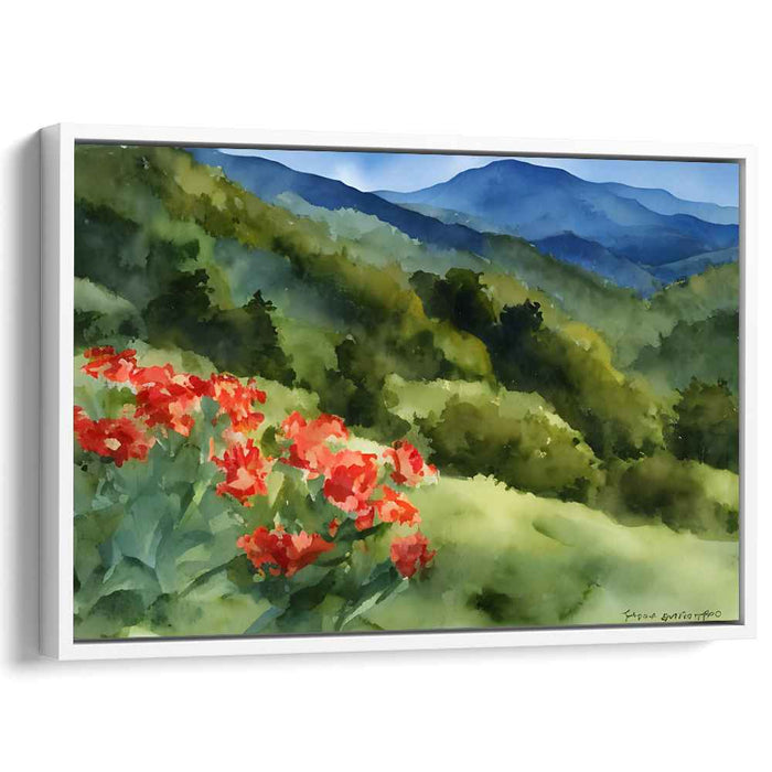 Enveloped in Scarlet Petals: Lush Landscape with Crimson Blossoms Watercolor Canvas Art