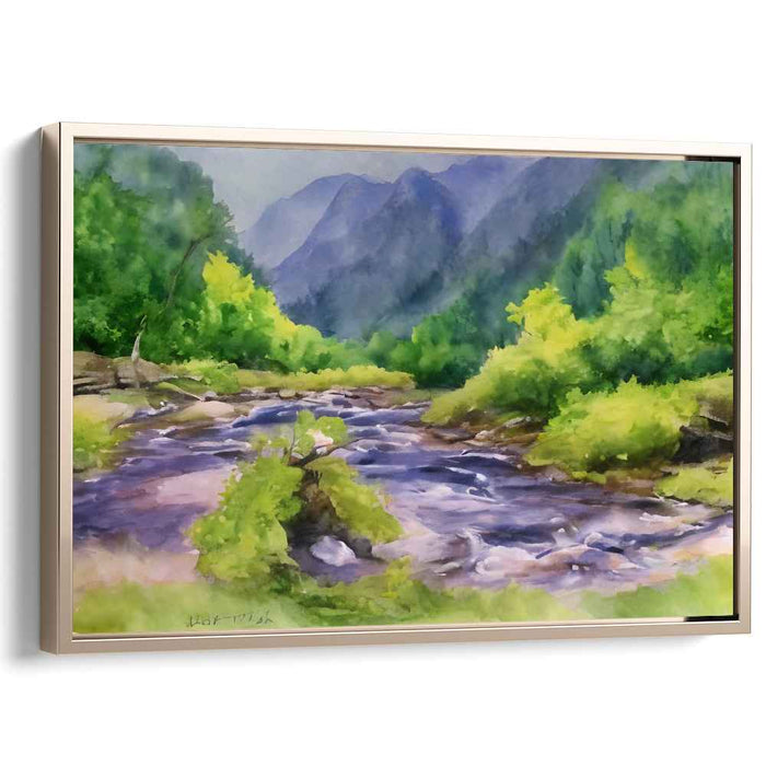 Veiled Falls: Lush Mountain Stream in Watercolor Canvas Art