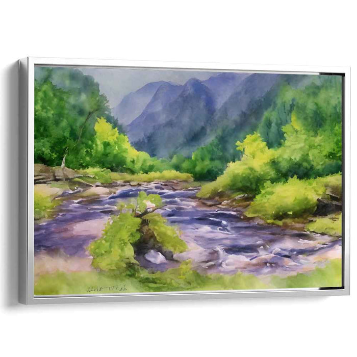 Veiled Falls: Lush Mountain Stream in Watercolor Canvas Art