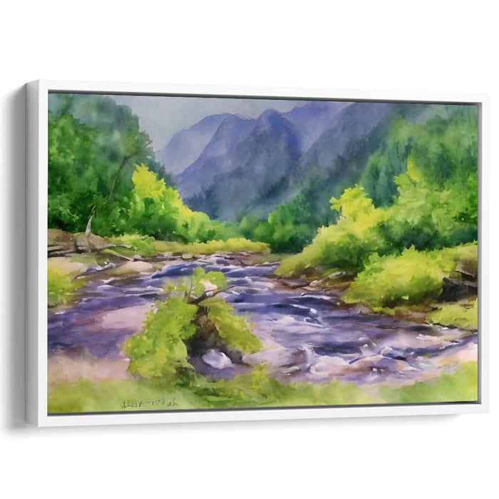 Veiled Falls: Lush Mountain Stream in Watercolor Canvas Art