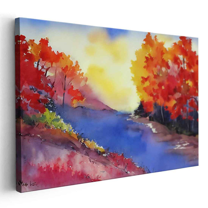 Autumn Aurora: Vibrant Fall Landscape Watercolor Canvas Art Print
