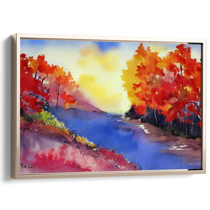 Autumn Aurora: Vibrant Fall Landscape Watercolor Canvas Art Print
